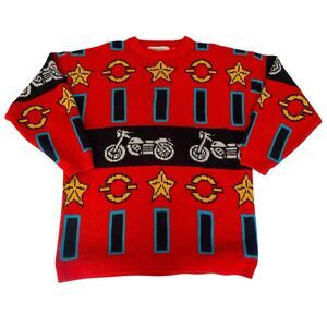 VTG 80s Motorcyle Sweater Adult S Red Metallic Knit Rock Chic Retro Novelty Moto